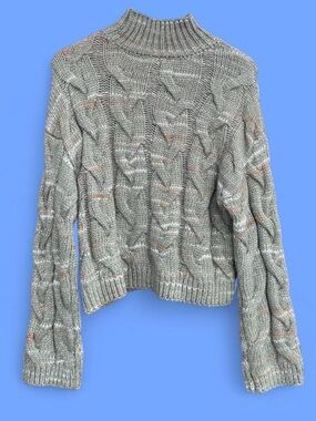 a.n.a Cable Knit Turtleneck Sweater - Seafoam Green with Peach Flecks